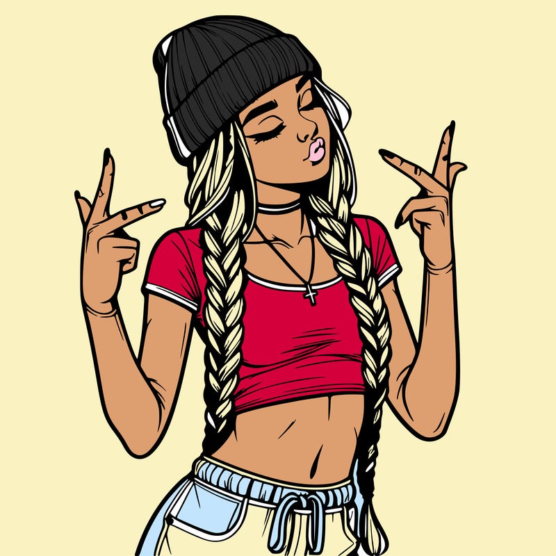 realistic teenage girl with braids and a beanie and crop top doing 🫶🏼