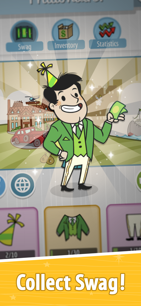 The AdVenture Capitalist main character wearing a green suit and party hat while holding cash
