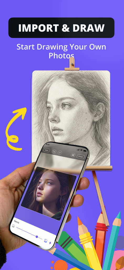 A person using Sketchify app on a smartphone to trace a portrait photo onto a physical canvas with AR technology