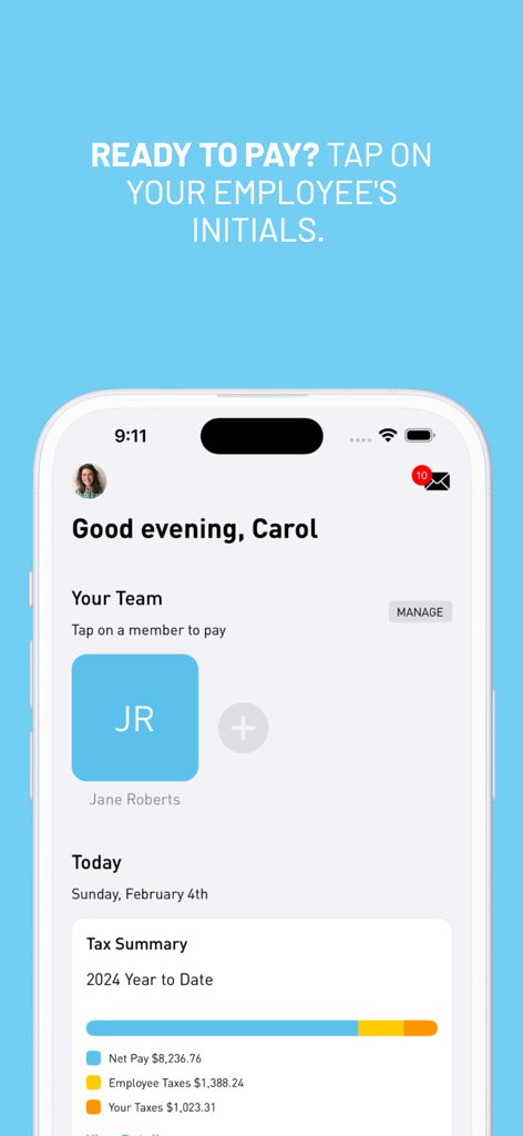Nest Payroll - iPhone screen showing the Nest Payroll app dashboard with employee payment options and a tax summary overview.