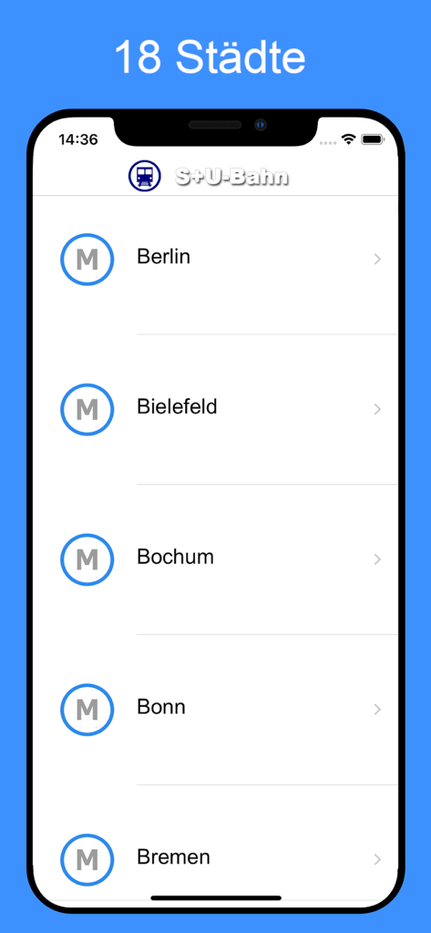 Metro DE - Berlin, Munich - Pantalla de aplicación móvil mostrando una lista de ciudades alemanas como Berlín y Múnich para mapas de metro y U-Bahn.