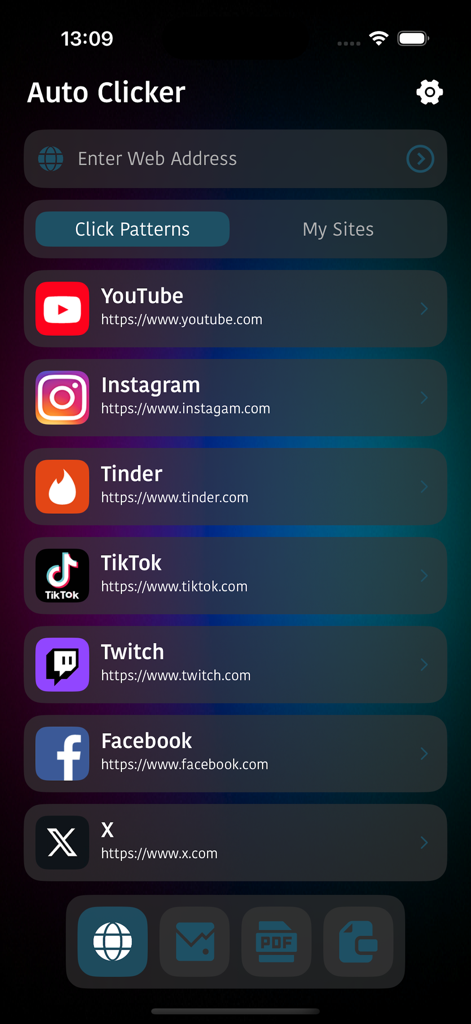Auto Clicker - Auto Click Pro - Startbildschirm von Auto Clicker Pro mit Social-Media-Verknüpfungen für automatisches Klicken und Scrollen