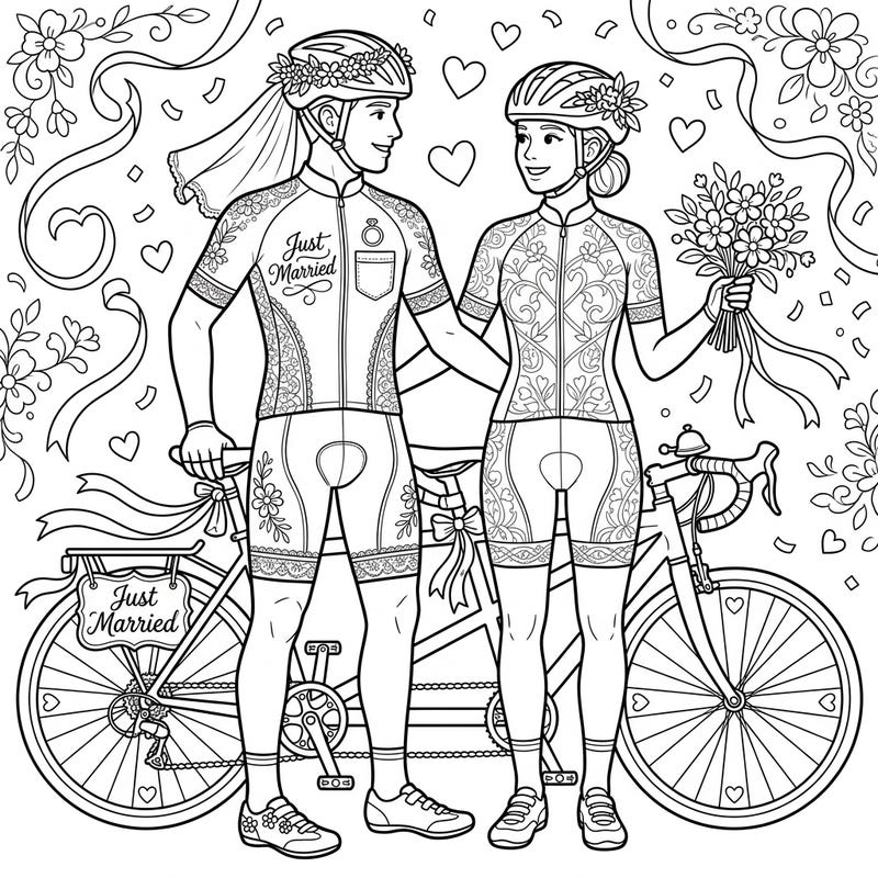 Join a happy newlywed couple celebrating their love with a unique cycling-themed wedding coloring page. This delightful design features a bride and groom in special activewear, ready to pedal into their future together.