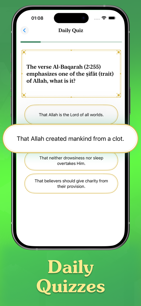 A smartphone displaying a daily Islamic quiz from the Iman Path app with a multiple choice question about Quran verses.