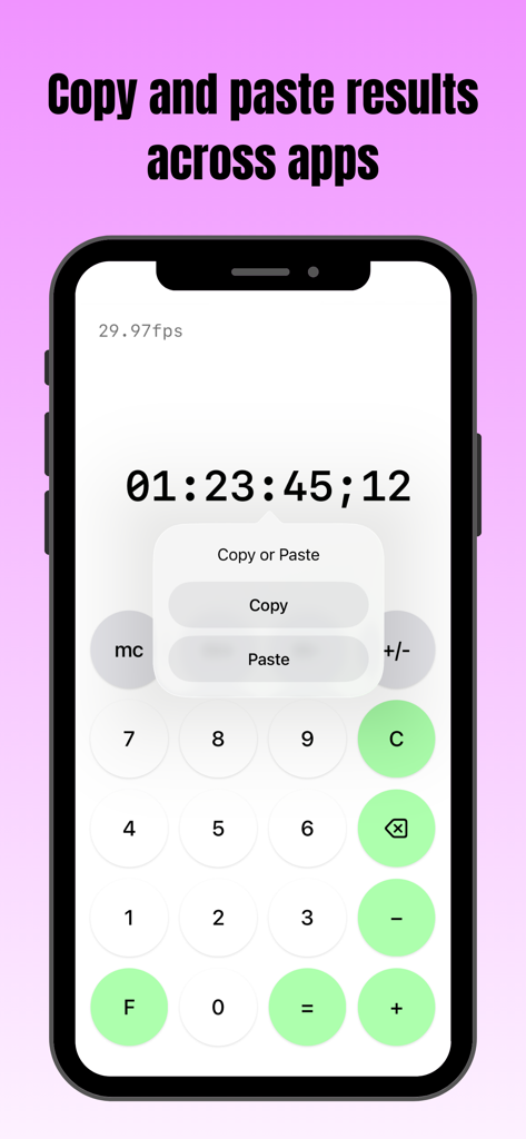 Smartphone screen displaying tcCalc app with a copy and paste menu over a timecode result