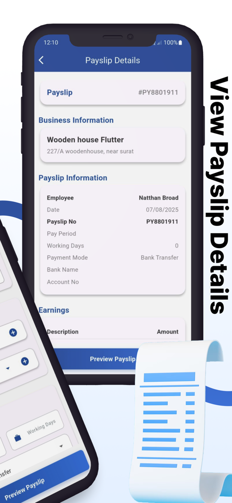 Payslip Maker: FreePayStub - A mobile screen showing the payslip details view with business and employee information for a professional salary slip