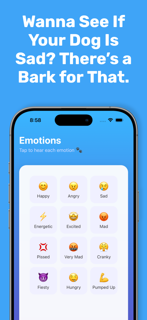 BarkGPT – AI Dog Translator - BarkGPT app interface showing a soundboard of various dog emotions and emojis