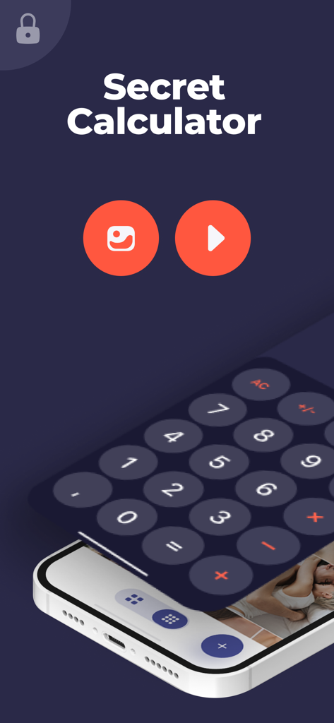 Interface do aplicativo Secret Calculator mostrando um teclado funcional sobrepondo uma galeria de fotos privada