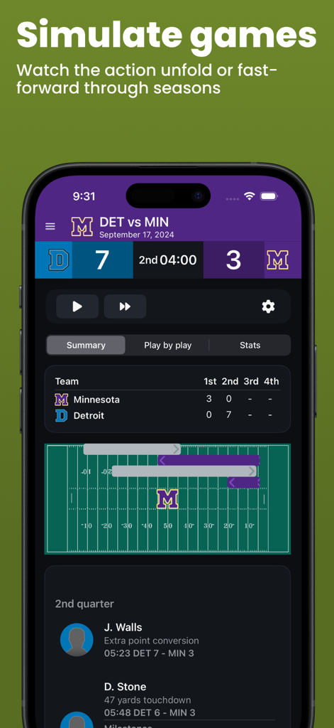 Football Legacy Manager 26 - Football Legacy Manager 26 game simulation screen showing live match statistics and play by play updates.