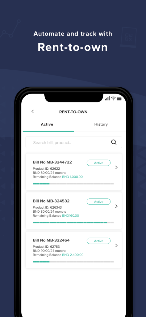 Pocket Merchant app screen displaying a list of active rent to own transactions with payment progress bars