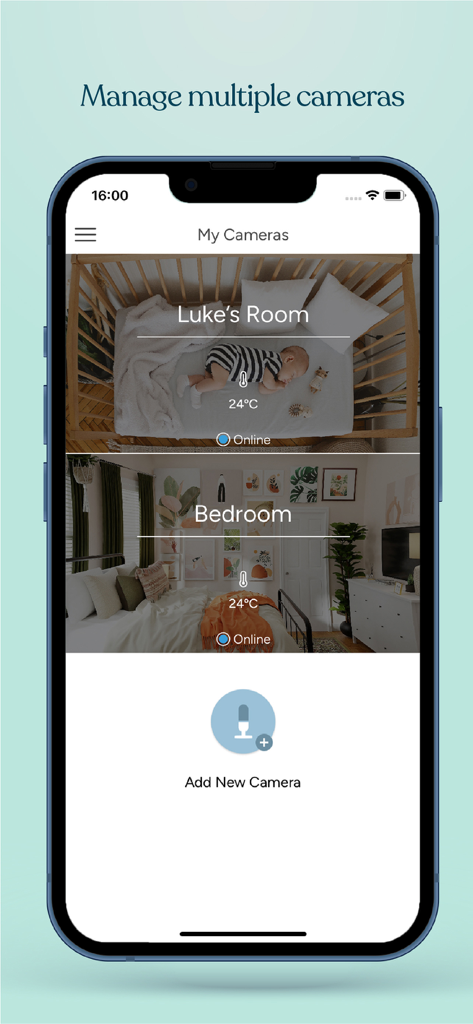 아기 모니터링 및 가정 보안을 위한 여러 카메라 피드를 보여주는 Invidyo 앱 인터페이스