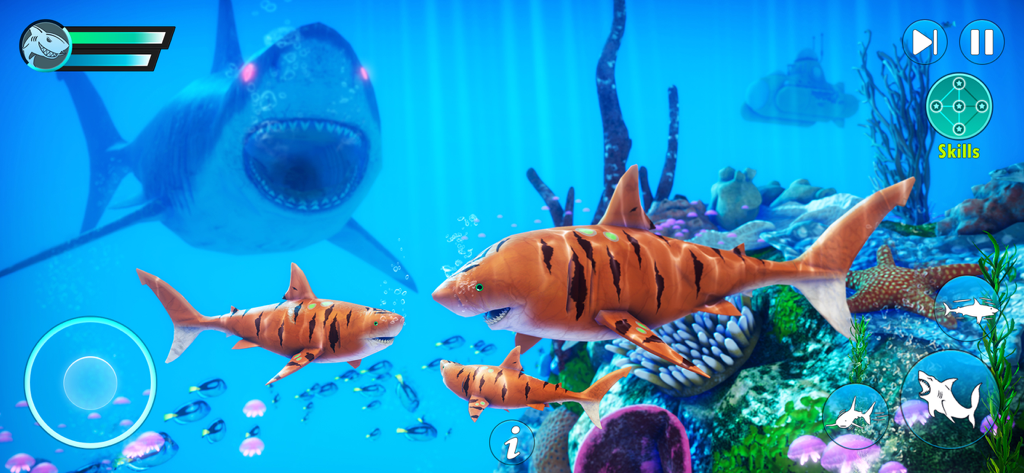 Survival Underwater Shark Game - Gameplay of Survival Underwater Shark Game featuring customized sharks with tiger skins swimming in a deep ocean environment