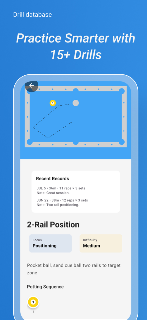 Pool & Billiards Self-Trainer - 공 경로 다이어그램 및 훈련 로그가 있는 2개의 레일 포지셔닝용 당구 드릴을 보여주는 인터페이스