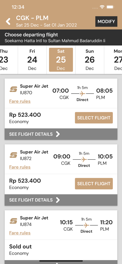 Super Air Jet - Super Air Jet 모바일 앱, 인도네시아 여행 출발 시간 및 티켓 가격과 함께 항공편 선택 옵션 표시