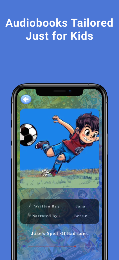 Bambu: Bedtime Stories & Books - Bambu app interface showing a children's audiobook titled Jake's Spell Of Bad Luck with an illustration of a boy playing soccer.