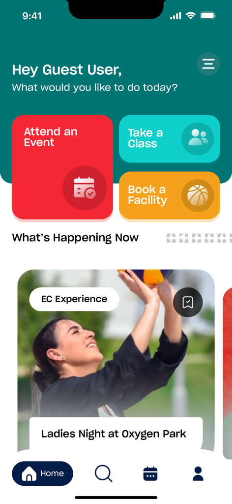 Tableau de bord de l'application mobile Education City montrant des tuiles pour assister à des événements, suivre des cours et réserver des installations.