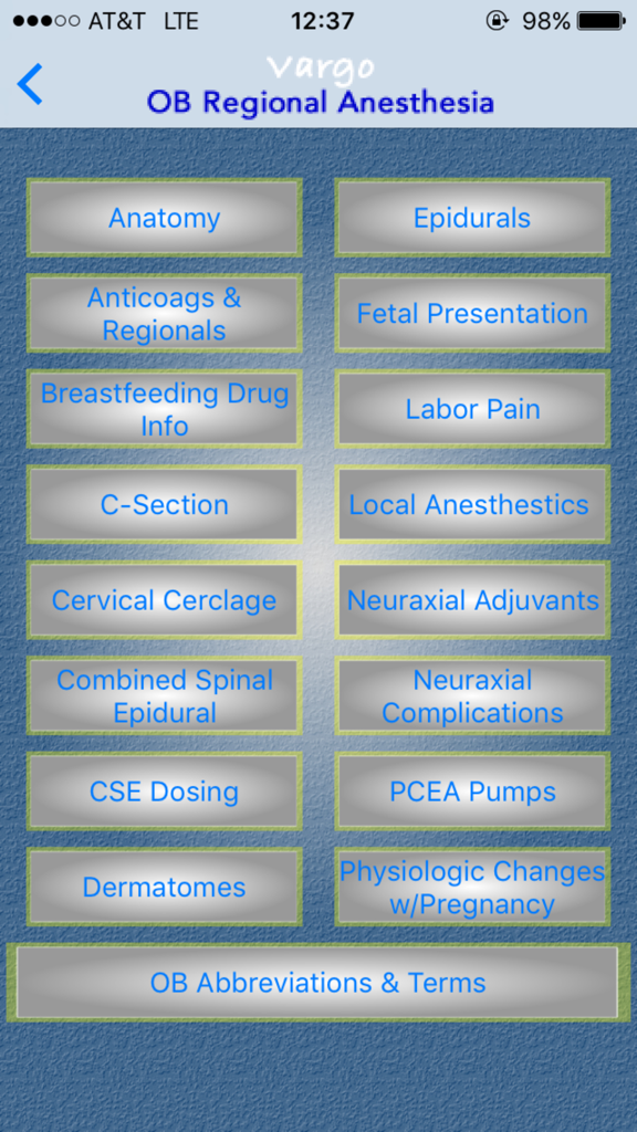 Main menu of the Vargo OB Regional Anesthesia app showing clinical topics for medical professionals