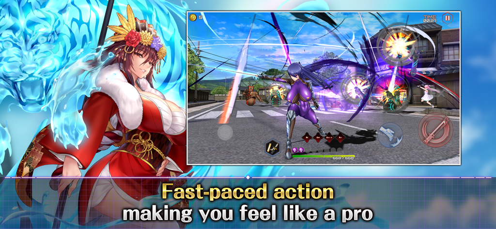 Action Taimanin gameplay featuring fast-paced 3D combat with a ninja character on a city street.