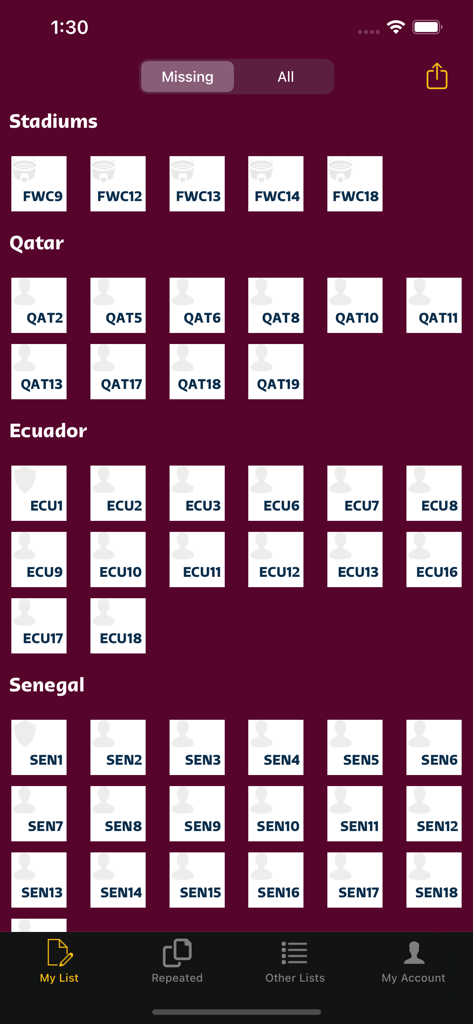 Sticker Album Collection - Tela de um aplicativo móvel mostrando uma lista de figurinhas de futebol que faltam, organizadas por estádio e seleções nacionais.