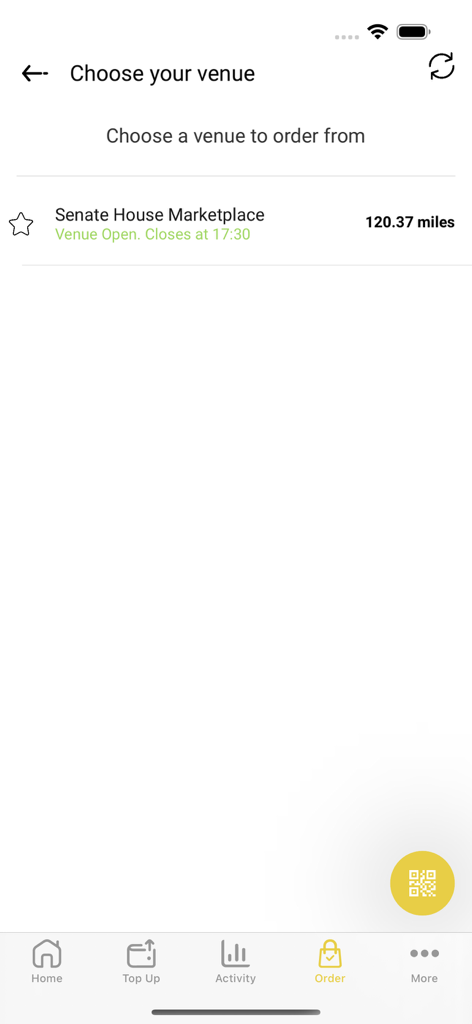 UoB Source Catering App - Venue selection screen in the UoB Source Catering app showing Senate House Marketplace