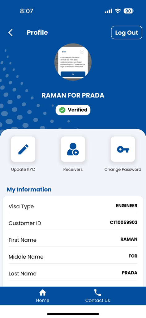User profile dashboard of the City Express Japan money transfer app showing verified status and account information.