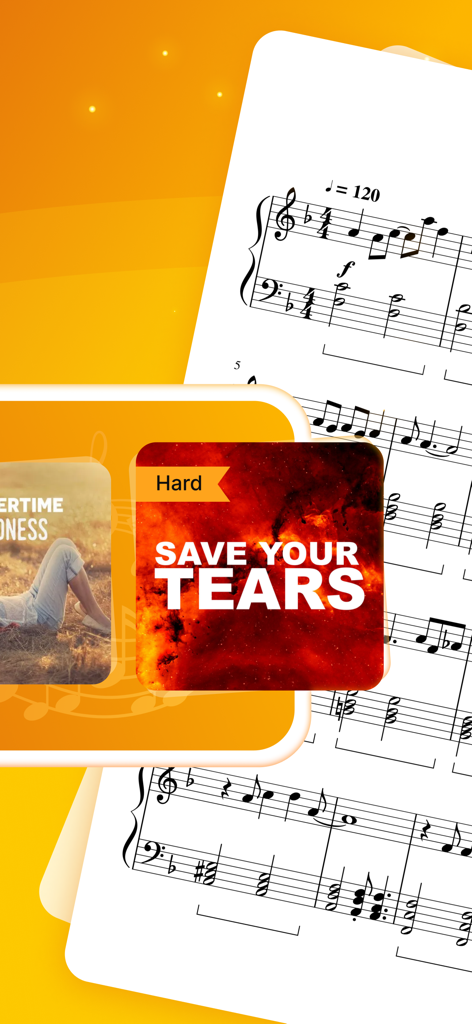 Interface of a piano learning app displaying the song Save Your Tears with a difficulty level and sheet music background