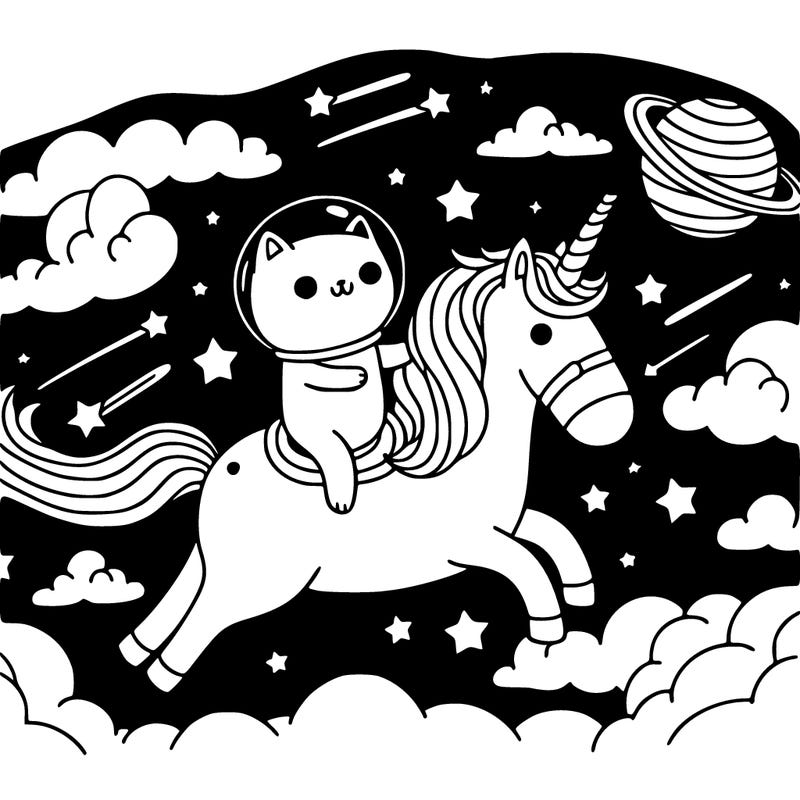 a cat riding a unicorn in space