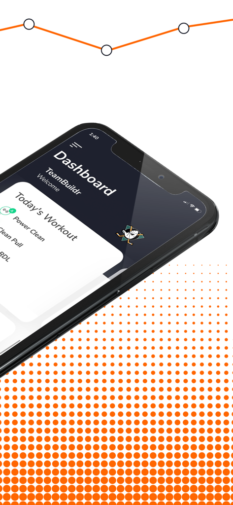 A smartphone displaying the TeamBuildr app dashboard with a list of daily strength training exercises