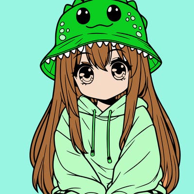 girl with anime shaped eyes with a dinosaur bucket hat oversized sweatshirt long straight hair