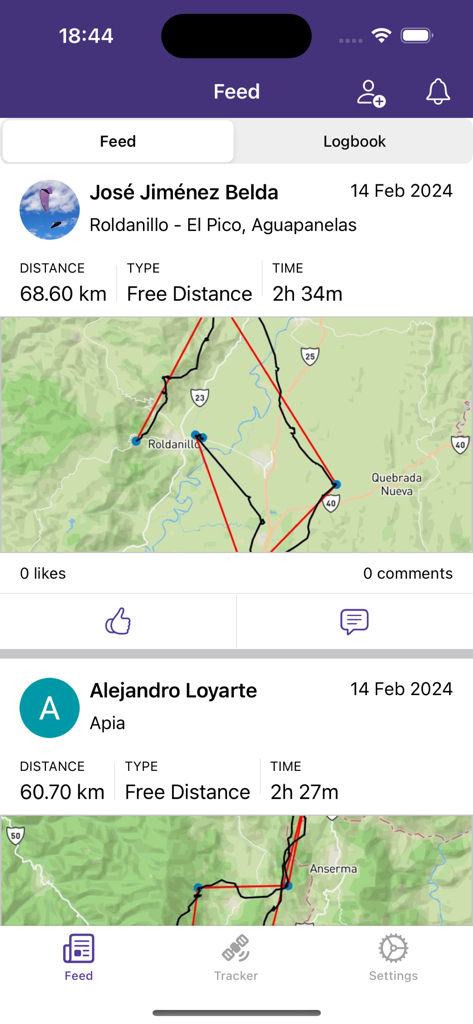 Volandoo Tracker - Paragliding flight log feed with maps and statistics in Volandoo Tracker app