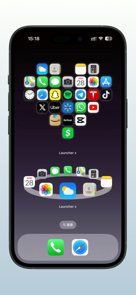 Launcher x – Quick App Widgets - Tela inicial personalizada do iPhone com layouts de ícones de aplicativos 3D em forma de coração e circulares usando widgets Launcher x