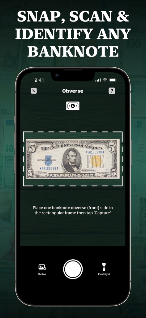 Dollar Bill Scanner - A smartphone screen showing the Dollar Bill Scanner app interface capturing a five dollar bill for identification