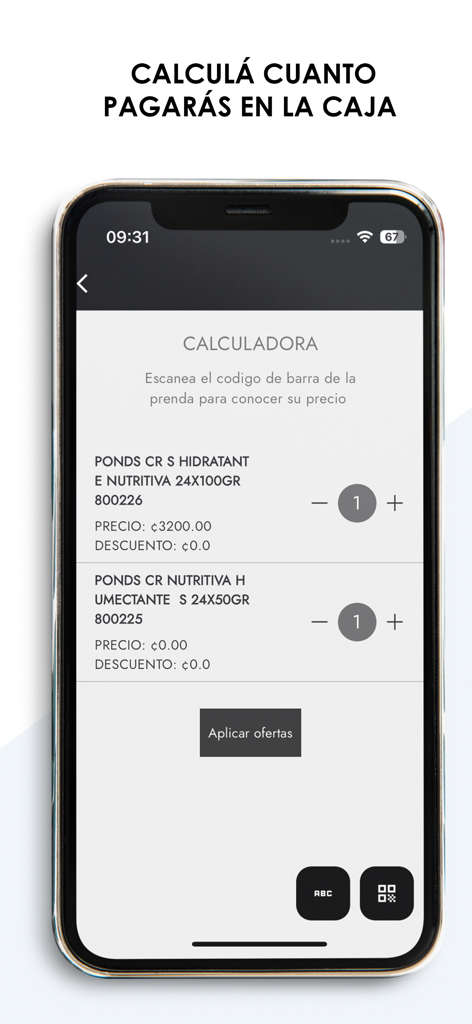 Tiendas Ekono - Interface da calculadora de compras do aplicativo Tiendas Ekono mostrando itens e preços.