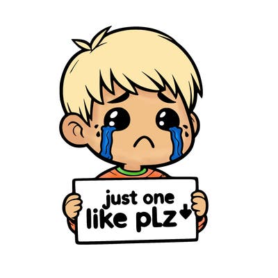 realistic crying boy with a sign saying just one like plz