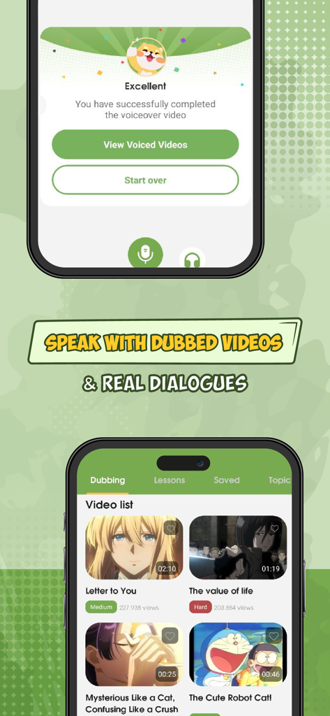 Learn Japanese - HeyJapan - HeyJapan app interface showcasing the anime dubbing feature for Japanese speaking practice and real dialogues
