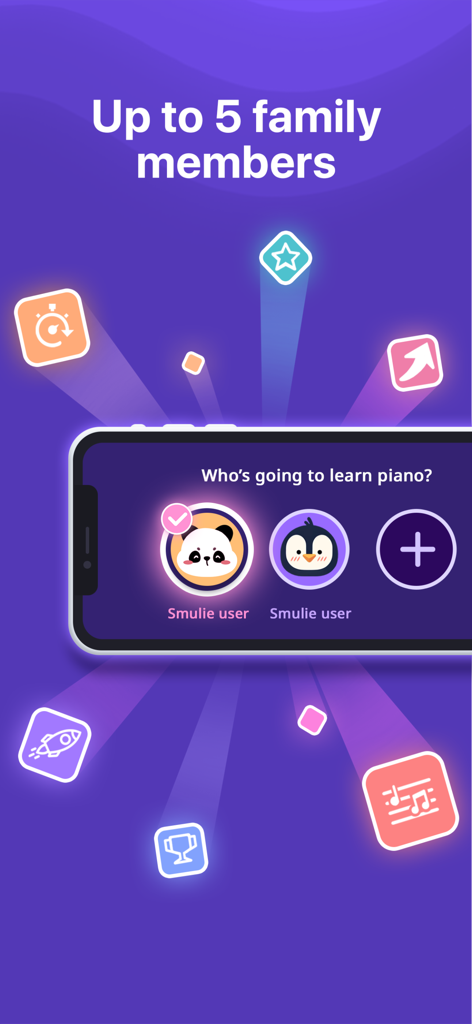 Simpia – Learn piano by songs - Simpia app interface showing the family member profile selection screen with multiple user icons