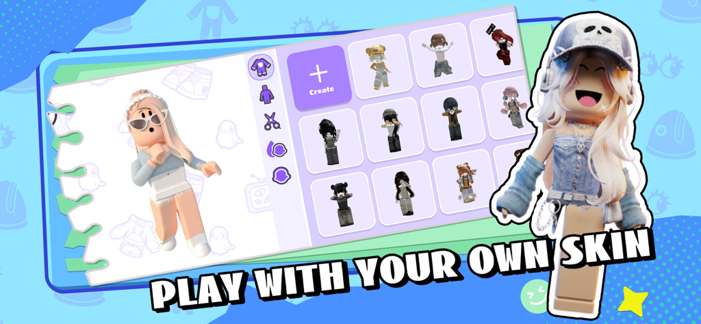 Skinzy app interface showing custom Roblox avatar designs and a 3D character preview