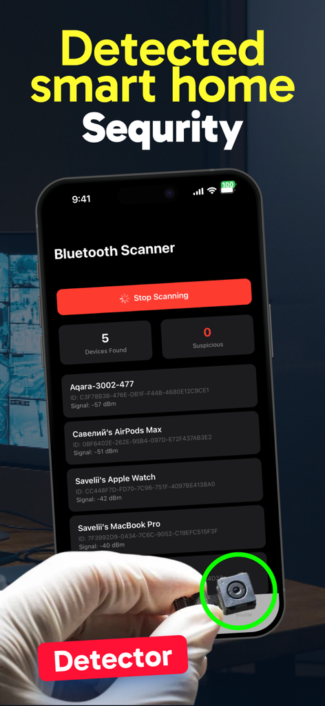 Detect Camera・Device Cam Find - App-Oberfläche, die einen Bluetooth-Geräte-Scanner und eine kleine versteckte Kameralinse anzeigt