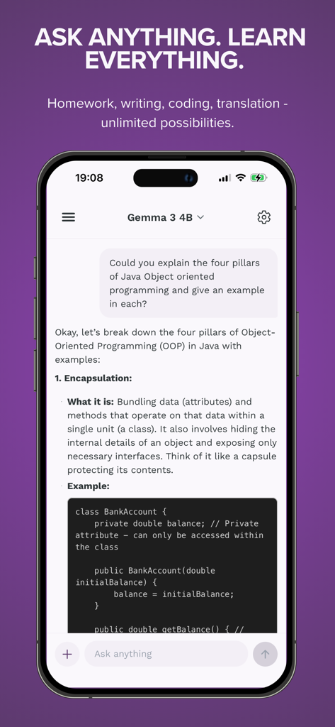 KernelAI - KernelAI mobile app interface showing an offline AI assistant explaining Java programming concepts.