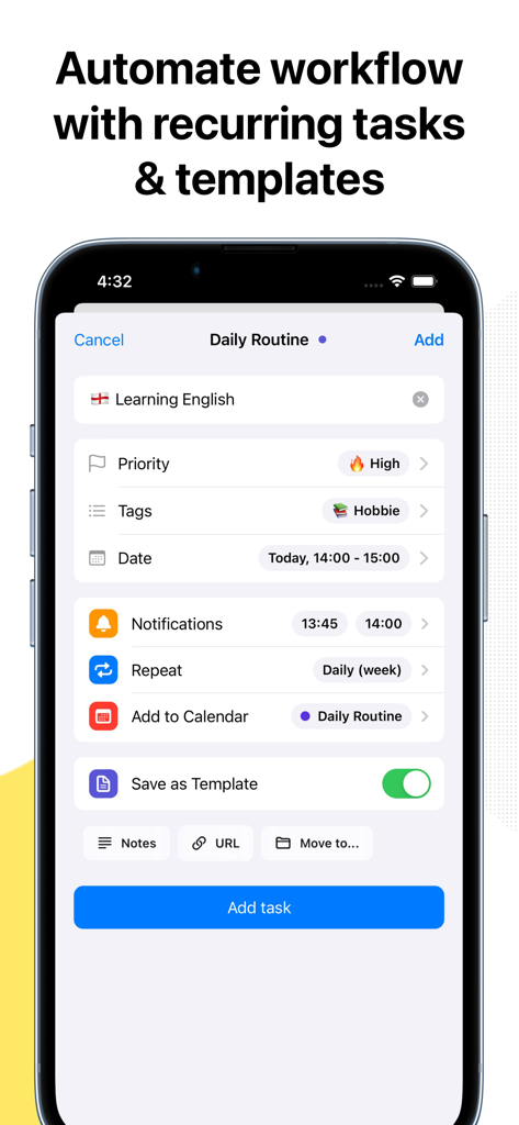 To-Do List & Tasks for Notion - Interfaz de aplicación móvil para crear tareas recurrentes y plantillas con integración de Notion.