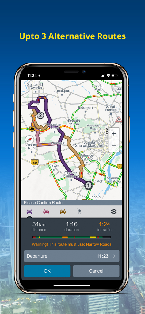 NaviMaps: 3D GPS Navigation - NaviMaps app interface showing three alternative driving routes with distance and time estimates