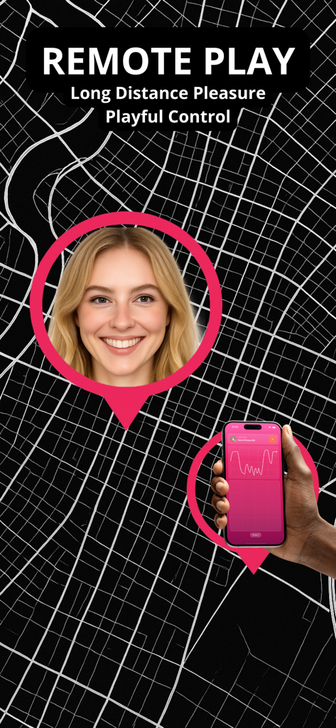 Screenshot of the Remote Play feature showing a woman and a hand holding a smartphone with a vibration pattern over a city map background