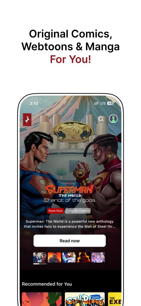 Zebra Comics - Interface de l'application mobile Zebra Comics affichant la couverture d'une BD de Superman avec des options pour lire maintenant et explorer les titres recommandés