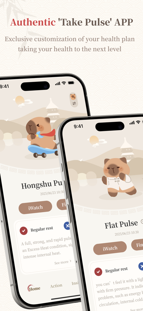 Deux écrans d'iPhone affichant l'interface de l'application Feel the Pulse avec une mascotte capybara et des rapports personnalisés sur la santé du pouls.