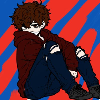 a male hoddie ripped jeans messy hair anime