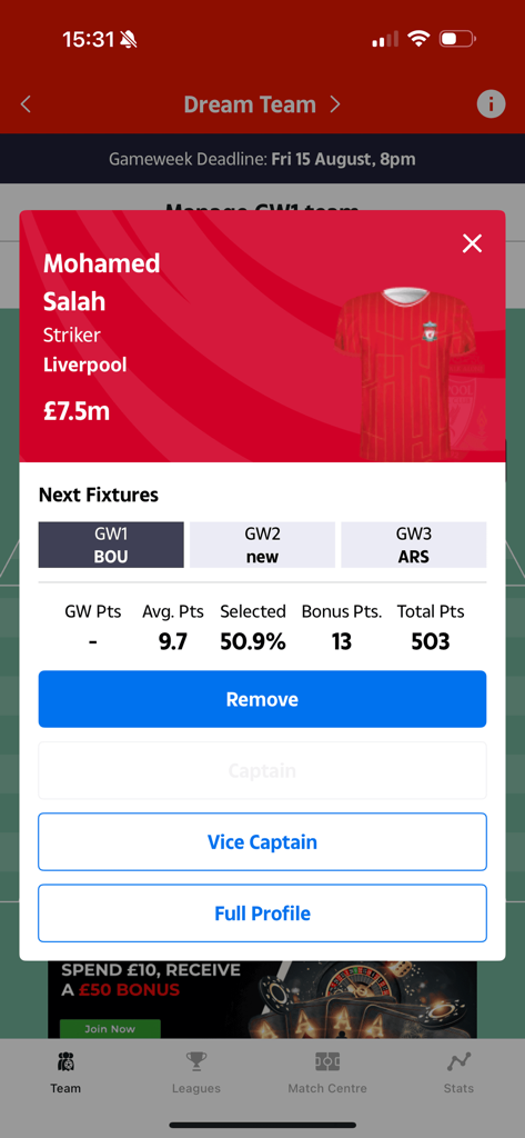 The Sun Dream Team - Mohamed Salah player profile card in The Sun Dream Team fantasy football app showing stats and fixtures
