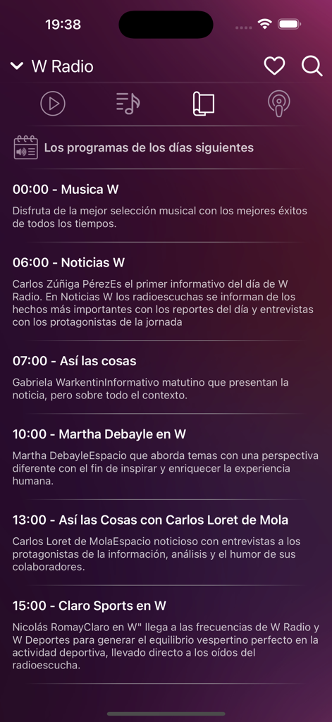 W Radio program schedule on My Radio En Vivo Mexico app
