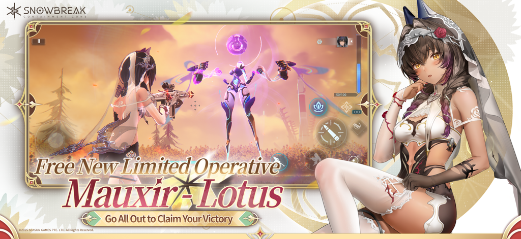 Promotional banner for Snowbreak Containment Zone featuring the free limited operative Mauxir-Lotus.