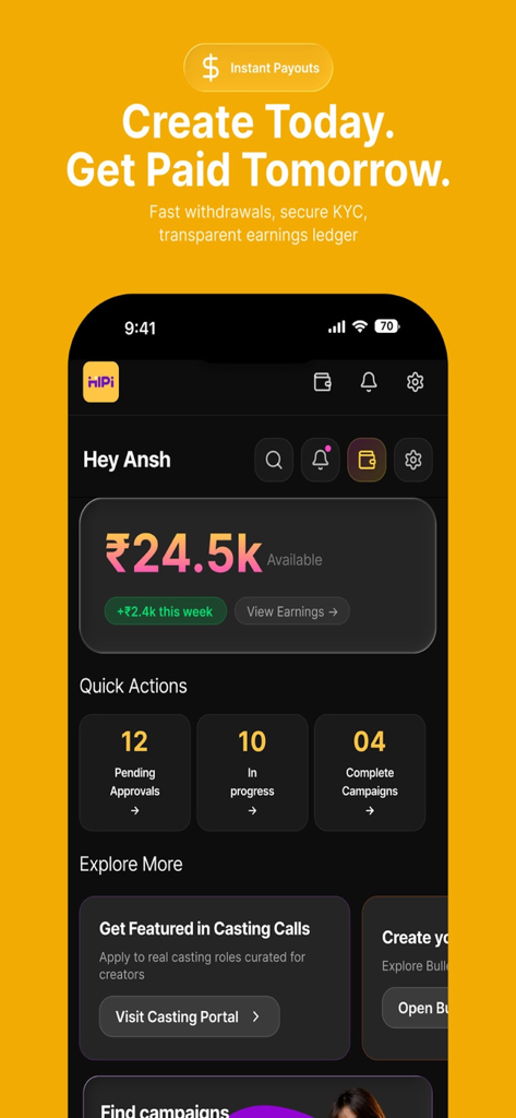 A screenshot of the Hipi app interface showing a creator's earnings and instant payout options.