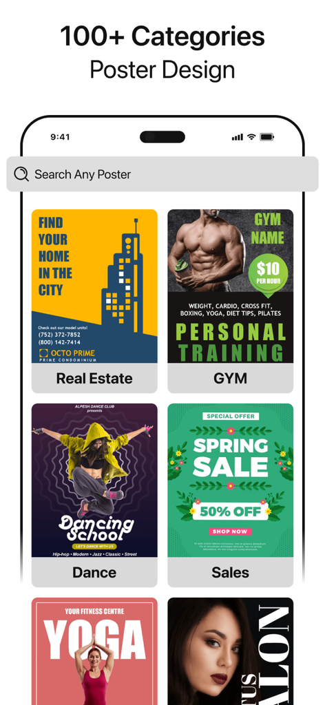 Poster Maker Flyer Maker - A smartphone display showing various poster design categories like real estate, gym, dance, and sales within the Poster Maker app.